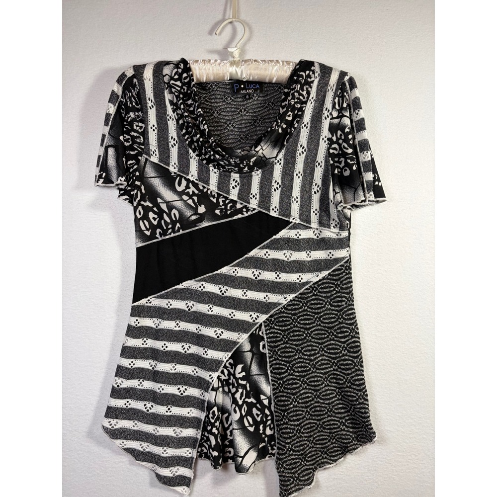 P. Luca Milano Mixed Media Top Womens S  White Black  Patchwork Cowl Neck